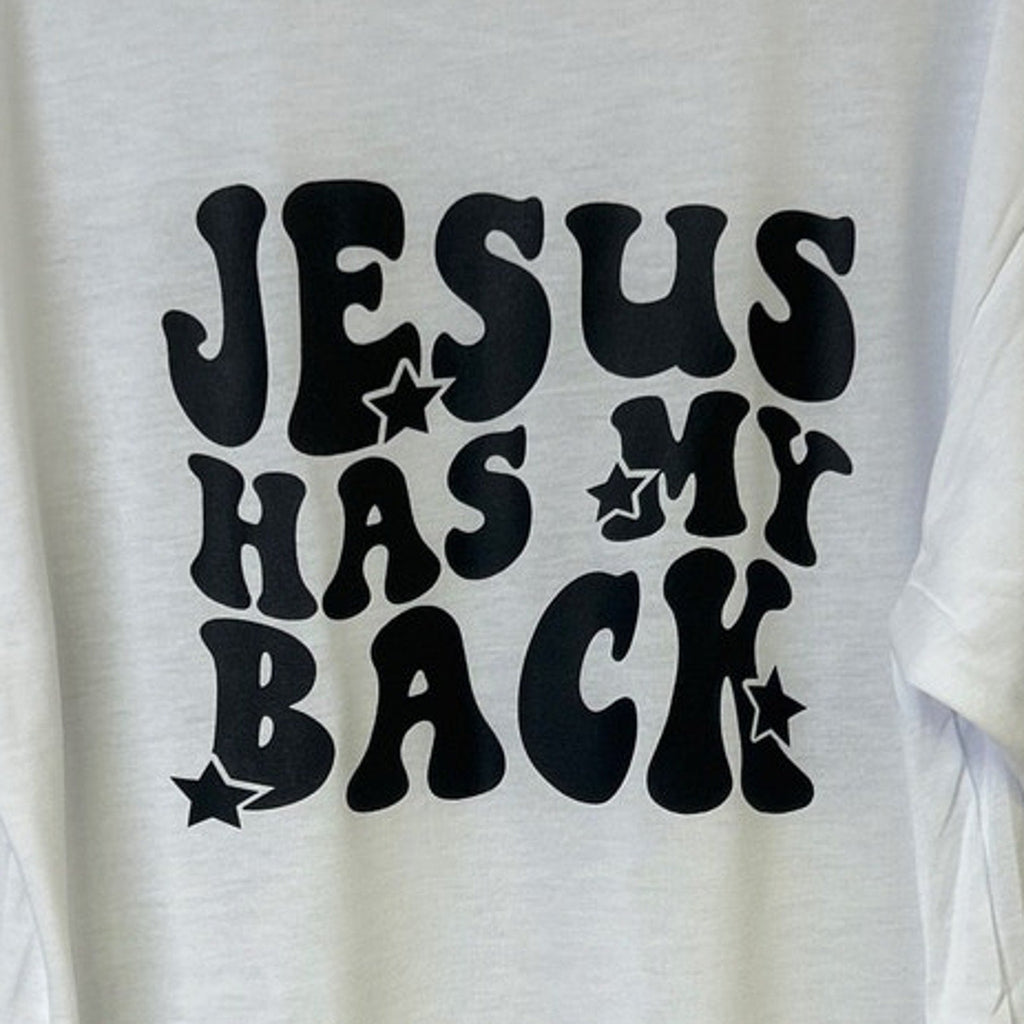 New Hand Printed Mens 3XL White Jesus Has My Back Short Sleeve Crew Tee Shirt
