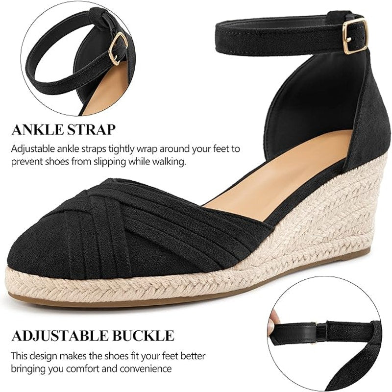 Reimferce Women Size 8 Black Faux Suede 2.5" Wedge Heel Ankle Strap Sandal Shoes