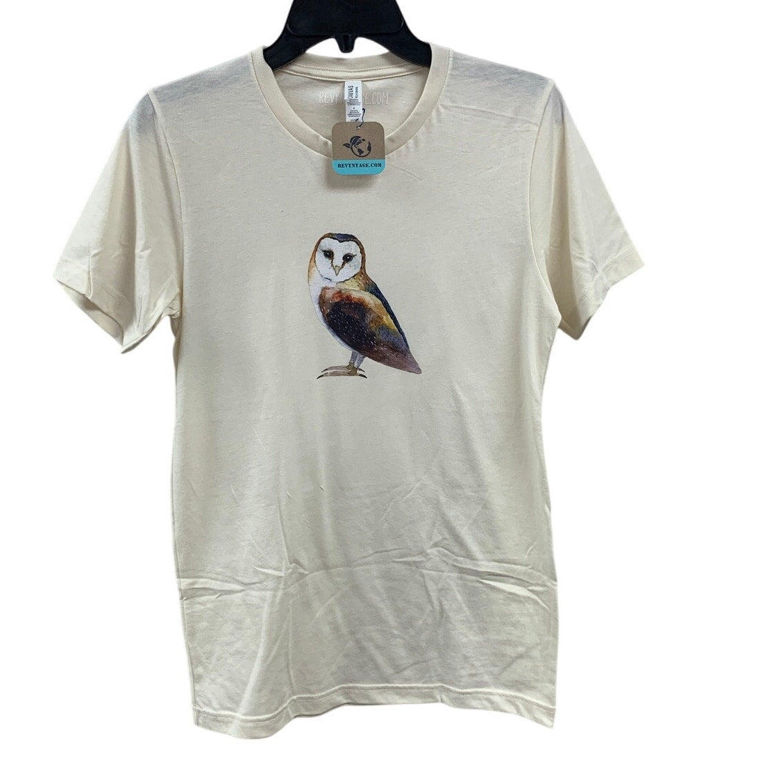 New Hand Printed Womens Small Ivory Woodland Owl Bird Short Sleeve Tee Shirt