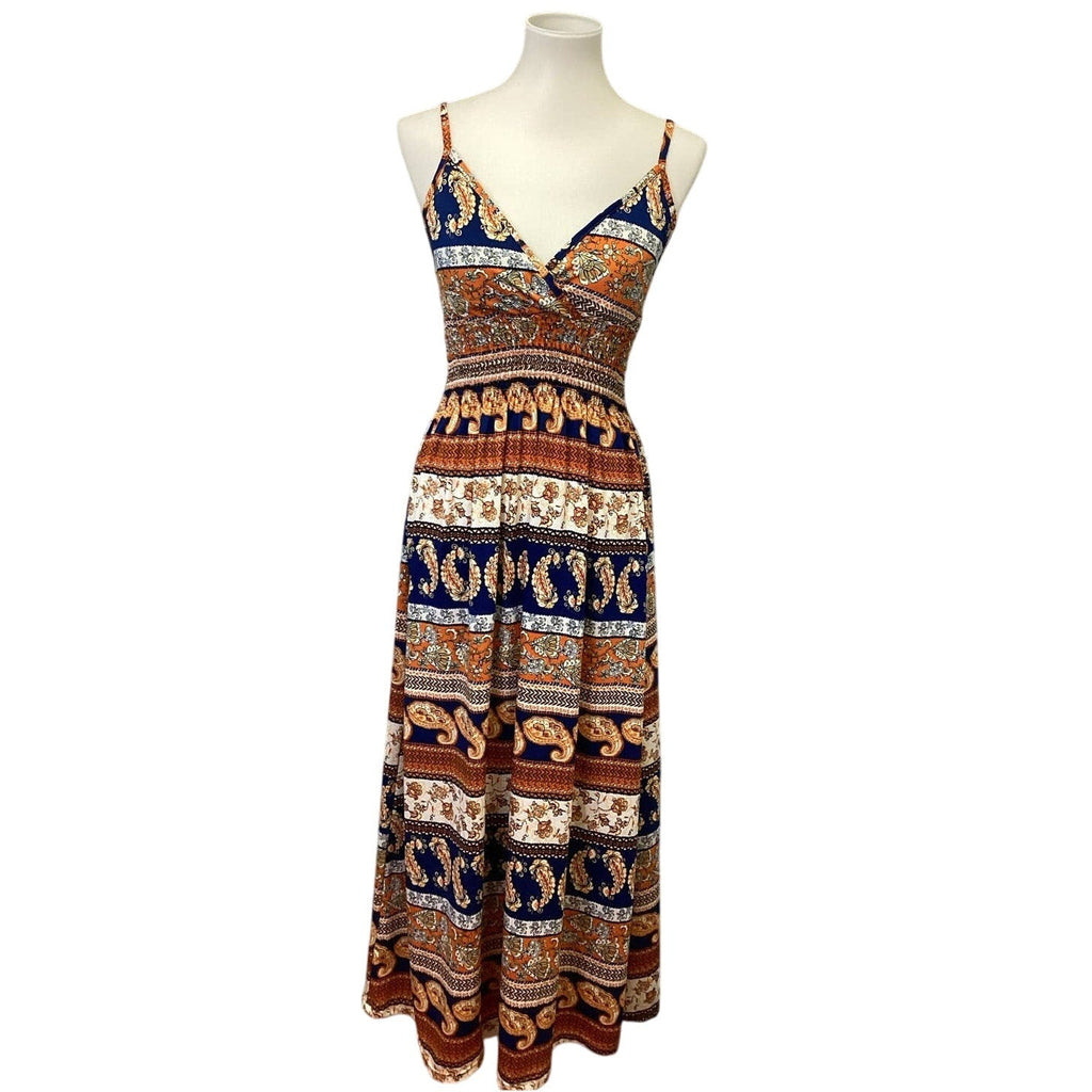 Bobbie Brooks Womens Medium Boho Paisley Floral Print Strappy Deep V Maxi Dress