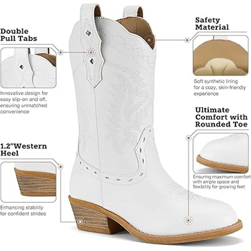 Rollda Girls Size 5 White Faux Leather 1.5" Heel Pull On Western Cowboy Boots