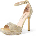 Dream Pairs Womens 6 Gold Rhinestone 4.5" Heel Peep Square Toe Ankle Strap Shoes