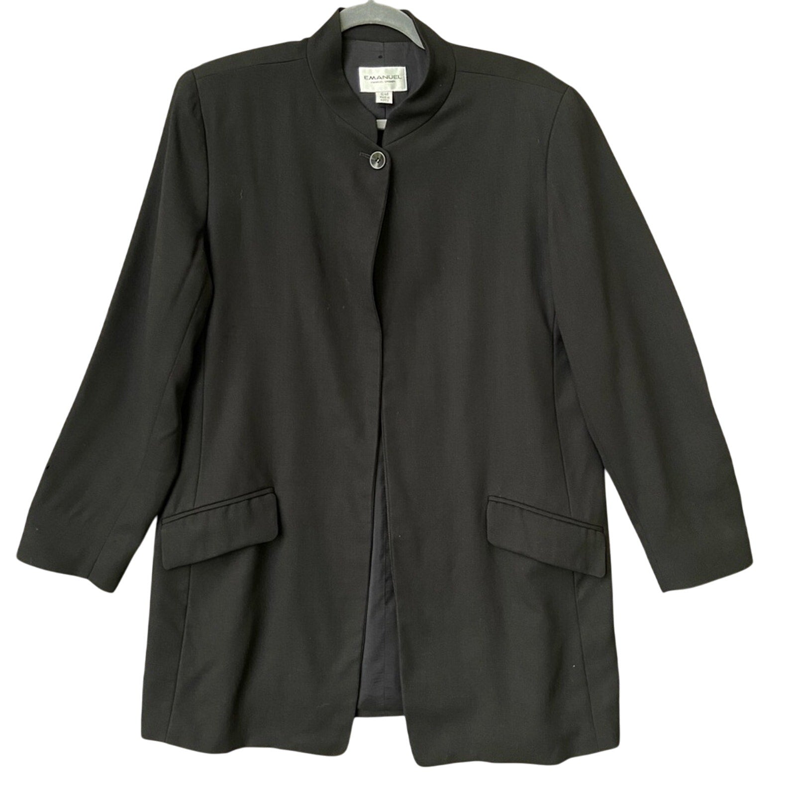Emanuel Ungaro Womens Size 12 Black Single Button Wool Long Black Suit Jacket