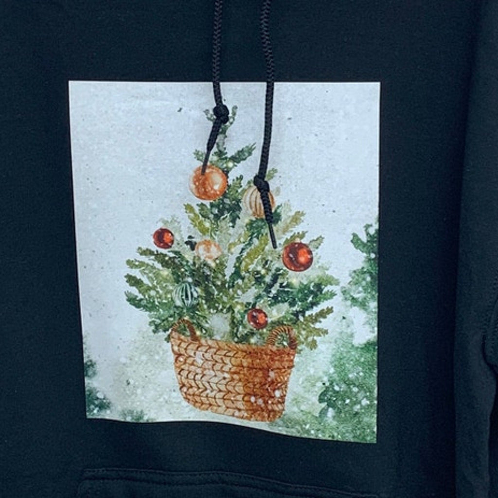 New Hand Printed Womens XL Christmas Tree Holiday Long Sleeve Hoodie Sweatshirt