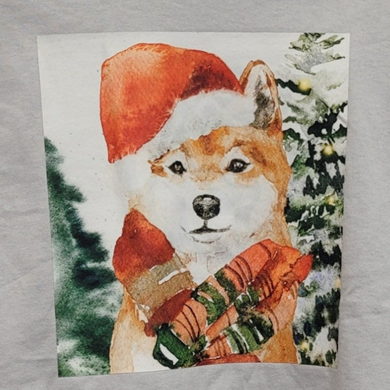 New Hand Printed Upcycled Child Small Christmas Santa Dog Long Sleeve Tee Shirt