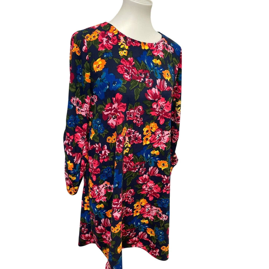 Halogen Womens Small Long Ruched Sleeve Polyester Floral Midi Shift Dress