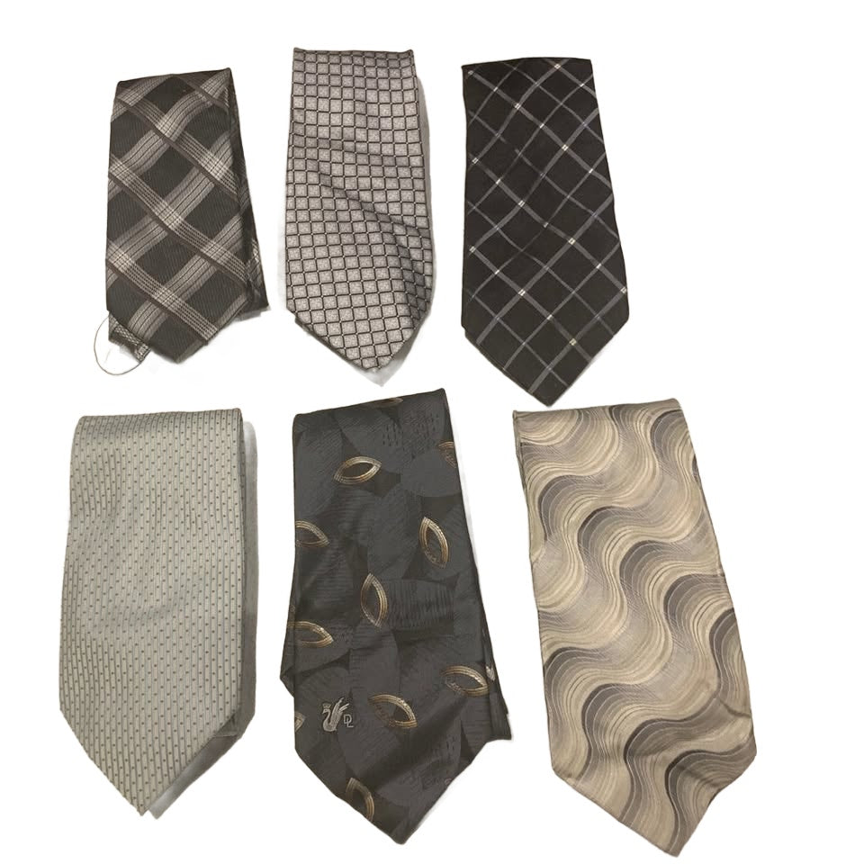 Lot of 6 Gray White Silver Plaid Waves Geometric Vintage & Newer Mens Neck Ties
