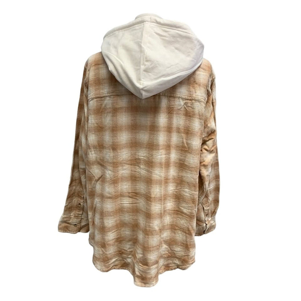 New Hand Printed Womens XL Blue Jay Bird Plaid Flannel Long Sleeve Hoodie