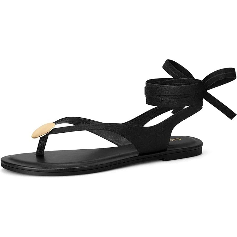 Carcuume Womens Size 8 Black Faux Suede Flat Sandals Strappy Tie Flip Flop Shoes