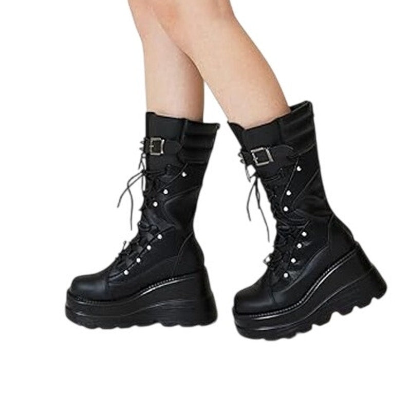 Tscoyuki Women Size 7 Black 3.5" Platform Lace Up Goth Wedge Mid Calf Boot Shoes