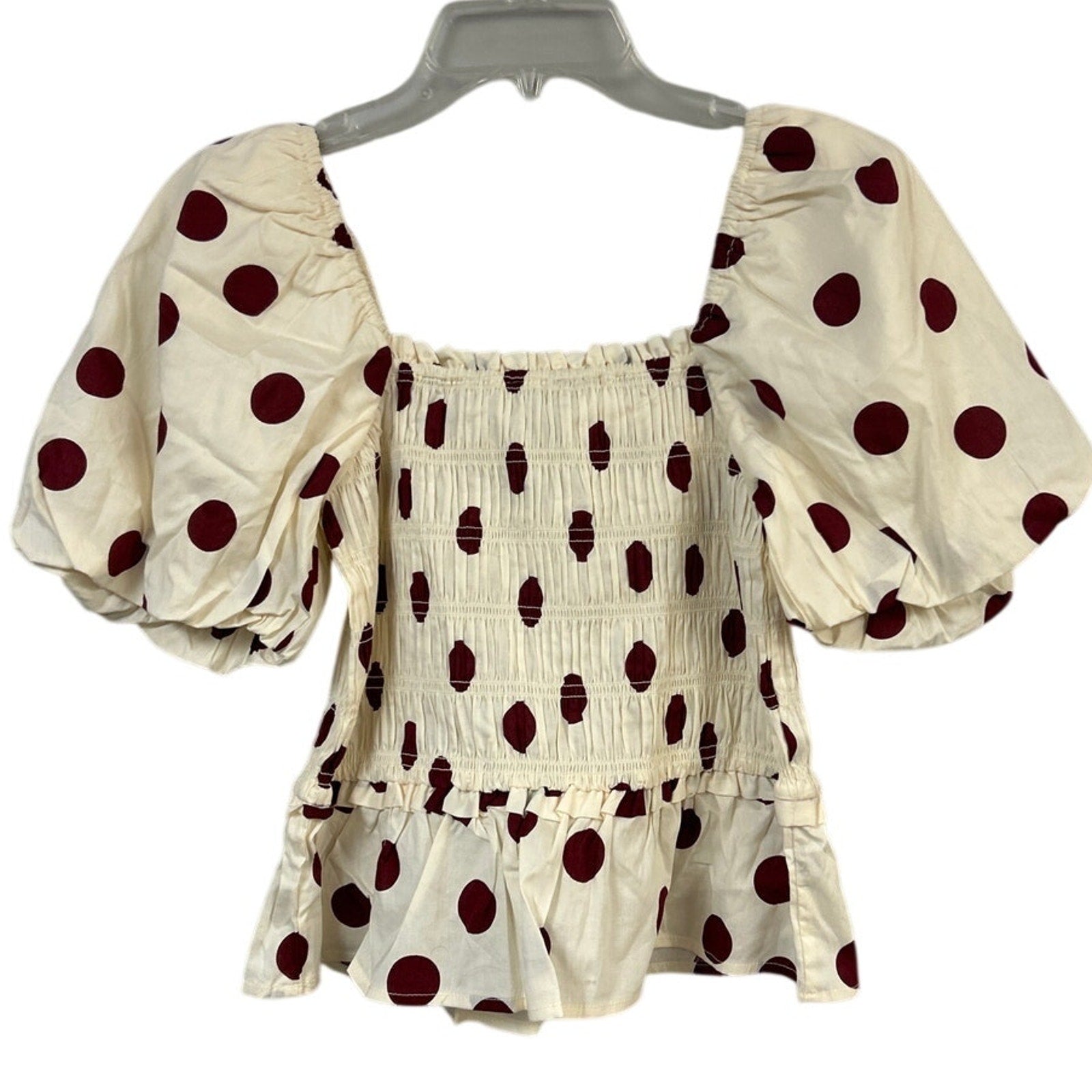 New Francescas Womens Small Cream Burgundy Polka Dot Stretch Cotton Smocked Top