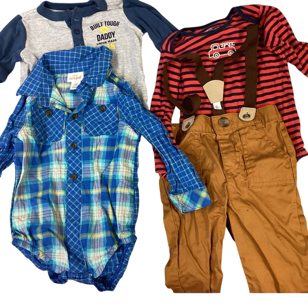 Lot of 6 Boys 12 Months Carters Cat & Jack Plaid Stripe Top Overalls Brown Pants