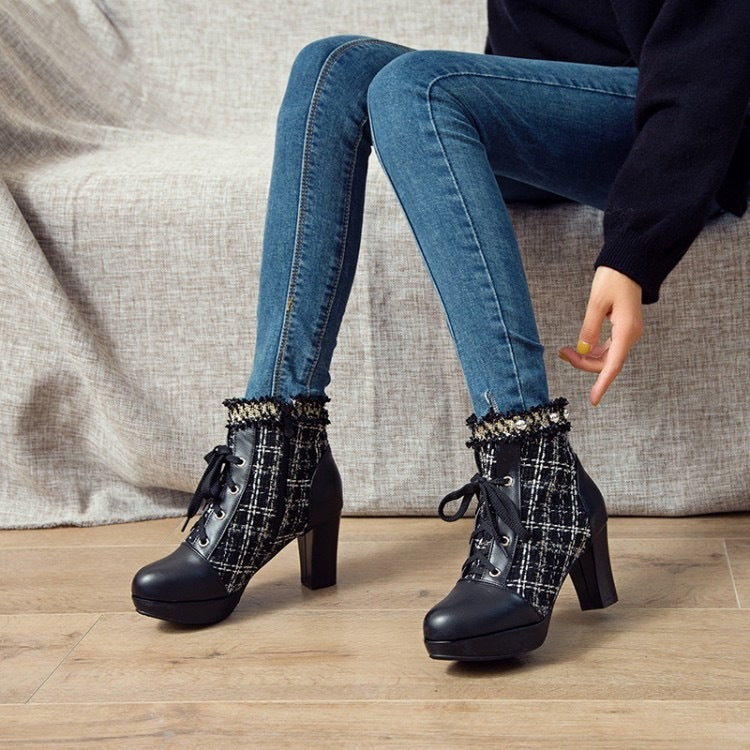 Short Boots Women's Stitching Lace Sweet Thick Heel Women's Shoes –