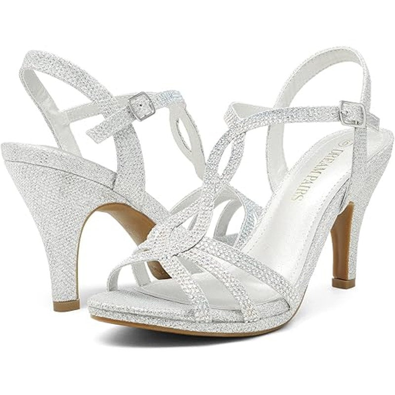 New Dream Pairs Womens Size 8 Silver Glitter Stilettos Open Toe 3.5" Heels Shoes