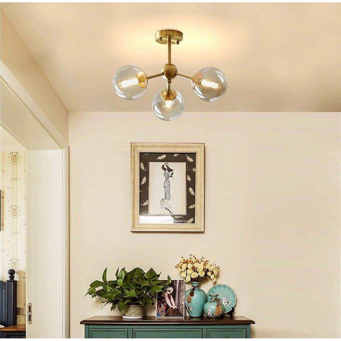 KCO Lighting Glass Globe Sputnik Chandelier 3-Light Brass Gold Close to Ceiling Light Mid Century Flush Mount Ceiling Light for Kitchen Island Bedroom Bathroom (3-Lights)