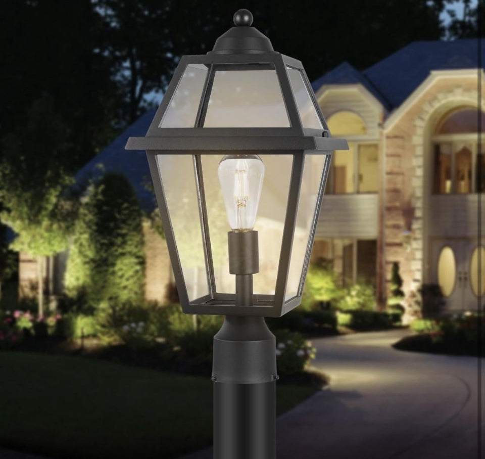 Large Outdoor Post Light Fixture, Colonial Exterior Pillar Lantern with Black Finish & Clear Glass, Vintage Pier Mount Pole Light Lamp for Garden, Bac