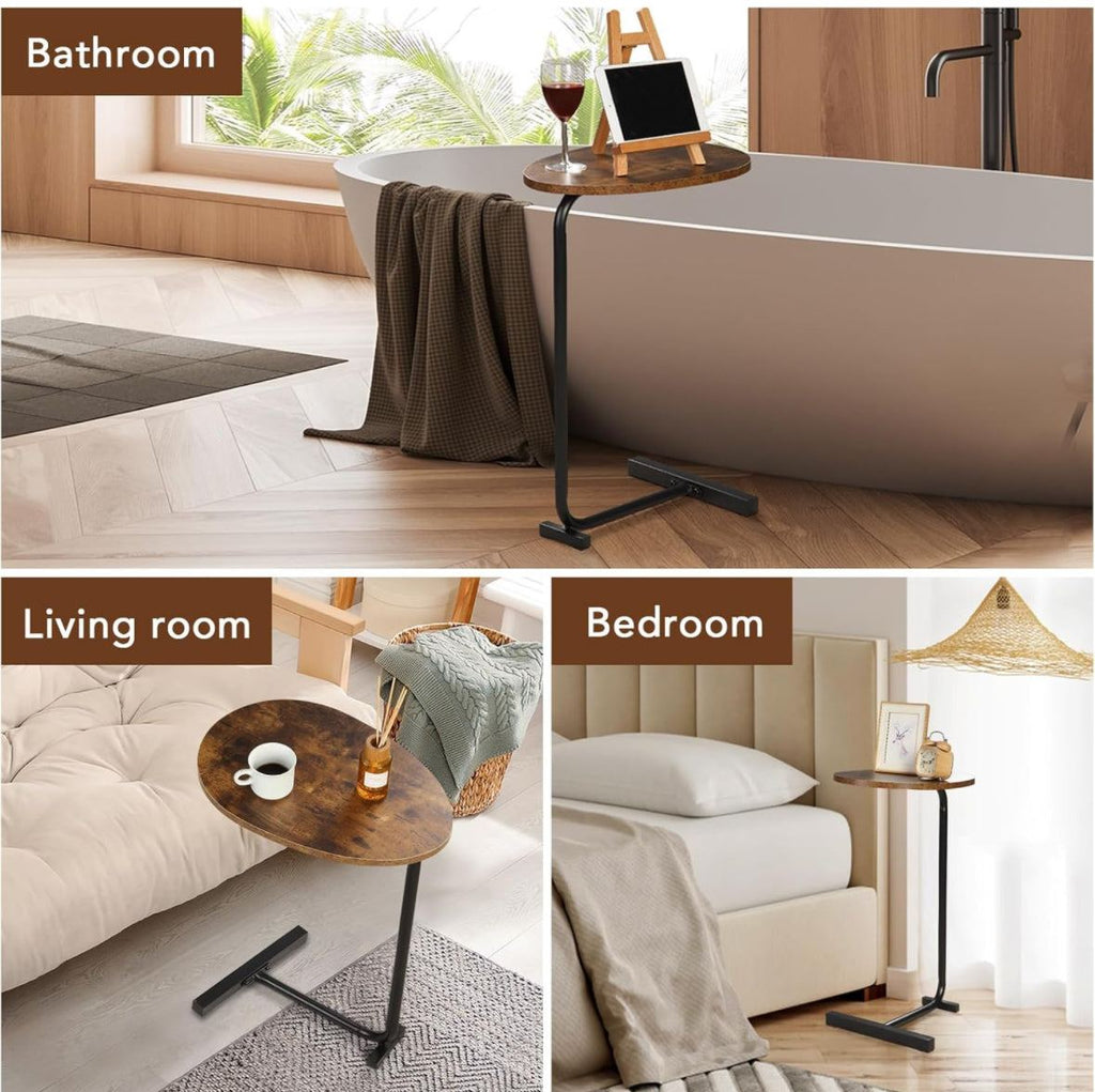 C-Shaped End Table, Round Couch Table for Living Room, Side Table for Bedroom, C Table with Metal Frame for Couch, Sofa, Bedside and Tv Tray, Rustic B