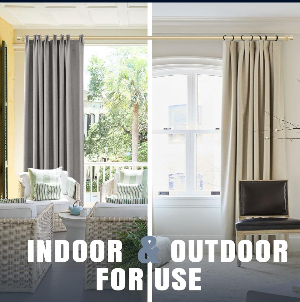 Zeerobee Curtain Rods for Windows 48 to 84, 1 Inch Gold Curtain Rod Set, Heavy Duty Drapery Rods with Adjustable Curtain Rods, Outdoor Modern Curtain