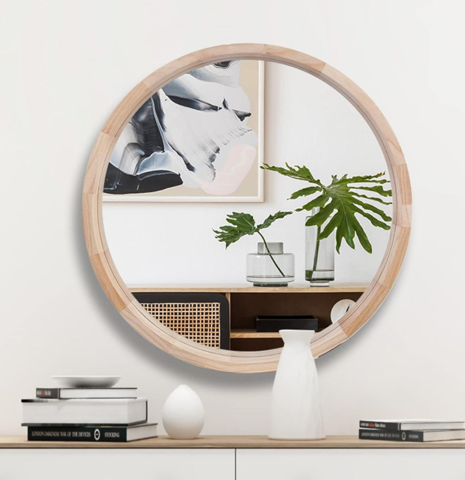 CONGUILIAO Round Mirror, 30 Inches Wood Mirror, Wall Mirror Decorative Circle Mirror, Nature Big Bathroom Large Vanity Mirror Farmhouse Mirror for Liv