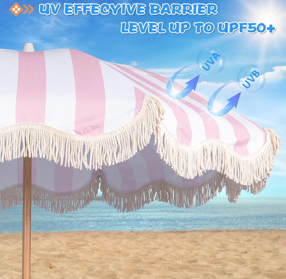 Open Box Funsite 6.5ft Boho Beach Umbrella with Fringe, UPF 50+ Tassel Umbrellas with Carry Bag, Premium Wood Pole Foldable Patio Umbrella for Outdoor