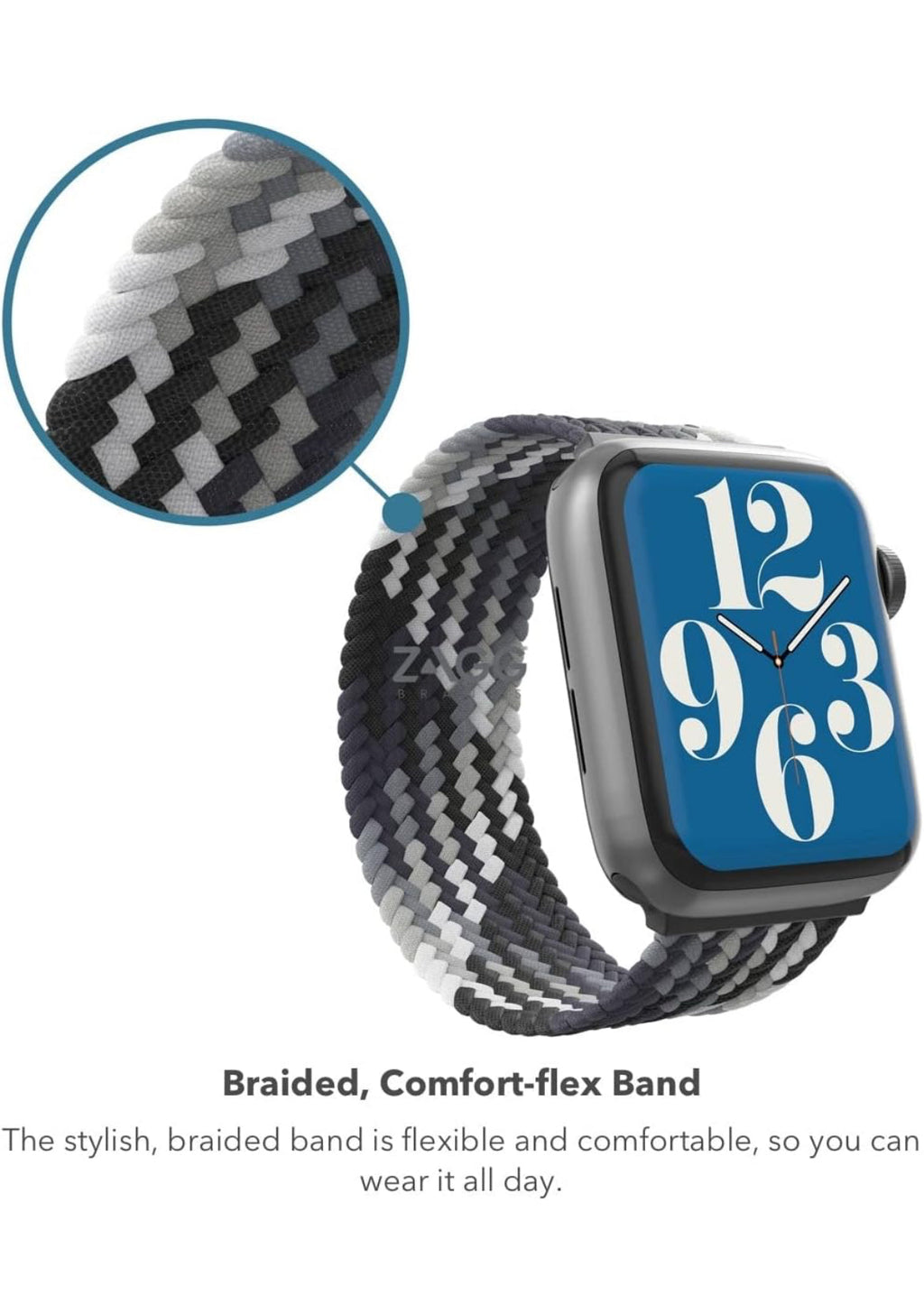 ZAGG Gear4 Braided Stretchy Solo Loop Band – LG – Storm - Compatible with Apple Watch 42mm 44mm 45mm, Elastic Strap Wristbands for iWatch Series 7/6/SE/5/4/3/2/1, Large (705009501)