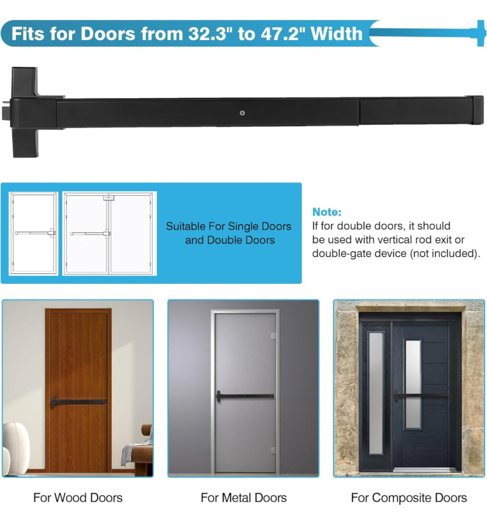 IRONWALLS Door Push Bar Panic Exit Device Aluminum with Handle Lever, Black 32" Commercial Push Panic Bars for Emergency Exit Doors, Heavy Duty Panic