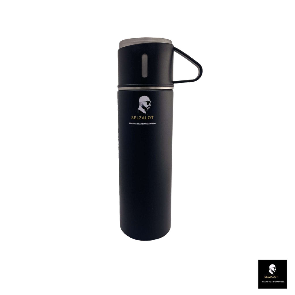 SELZALOT Stainless Steel Vacuum Flask Set, 500ML Gift Set, Black, Thickened Food Grade 304 Stainless Steel, Durable Insulation, Ergonomic Design, with 3 Cups