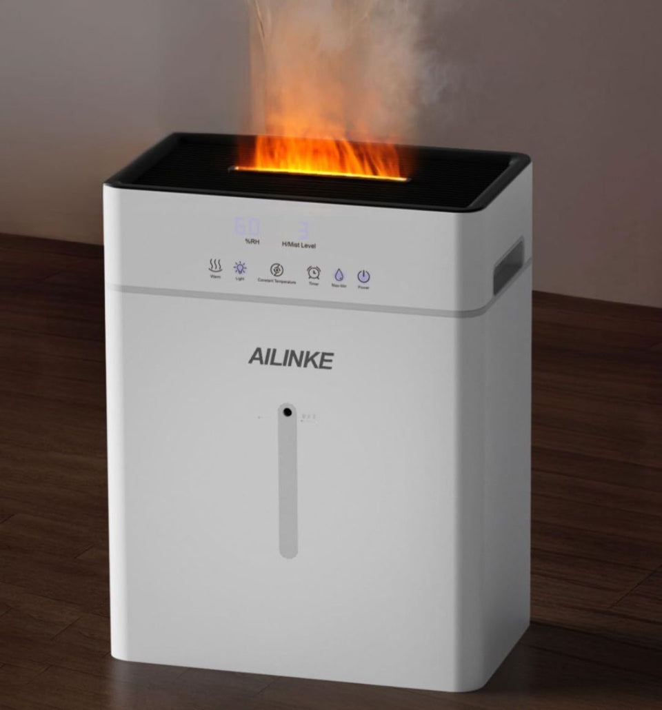 Open Box Humidifiers for Bedroom Large Room, AILINKE Cool and Warm Mist Humidifier 10L/2.64Gal, 12H Timer, 3 Speed, Top Fill, Simulated Flame