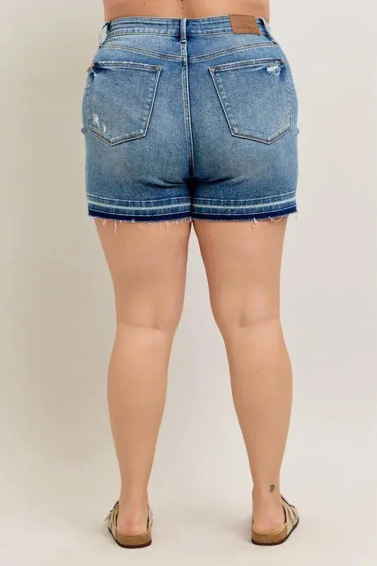 Judy Blue Plus Size Mr Tummy Control Vintage Wash Release Hem Shorts