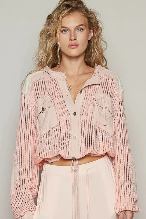 POL Texture Woven Button Down Hooded Shirt with Drawstring Hem