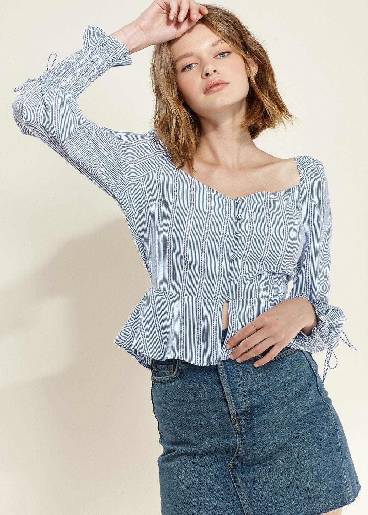 Smocked Cuff Button Front Peplum Blouse in Blue