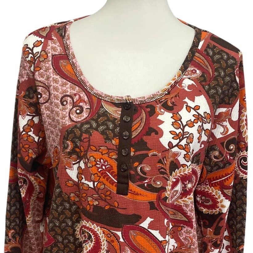 Roaman's Women Size 14/16 Long Sleeve Boho Patchwork Print Paisley Blouse Top