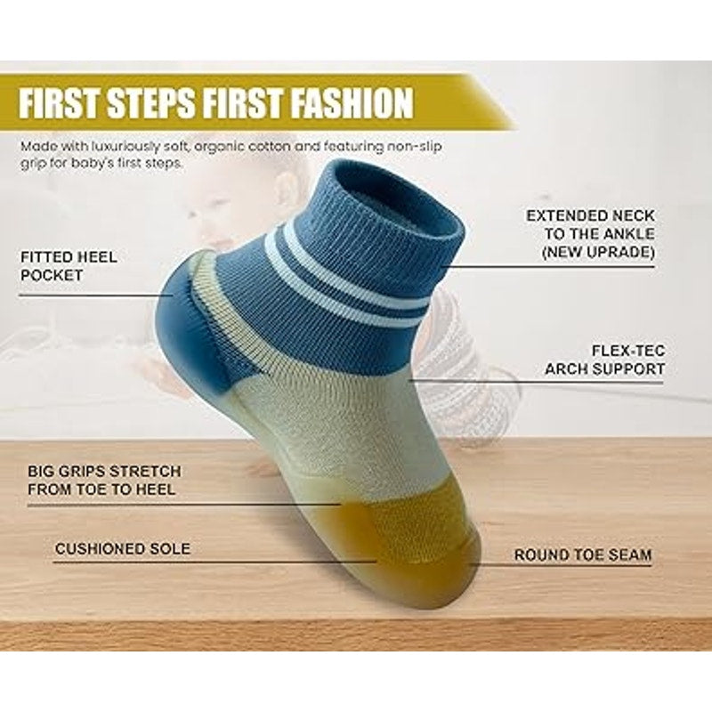 Toddler Boys Size 2 Blue Yellow Soft Sole Non Slip Pull On Sock Sneakers Shoes