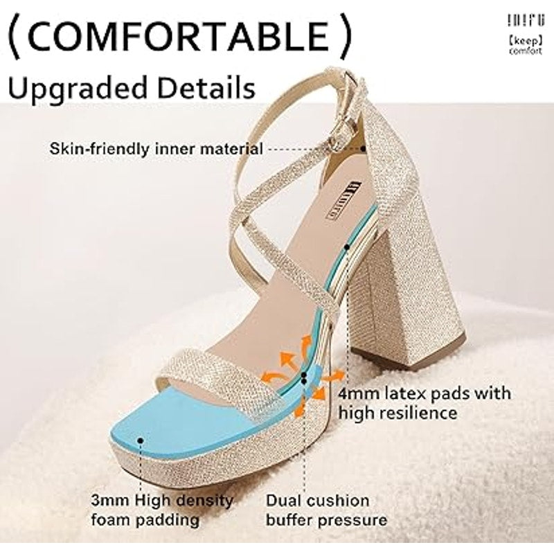 Idifu Womens 7.5 Silver Gillter Open Toe 4" Block Heel Ankle Strap Sandal Shoes