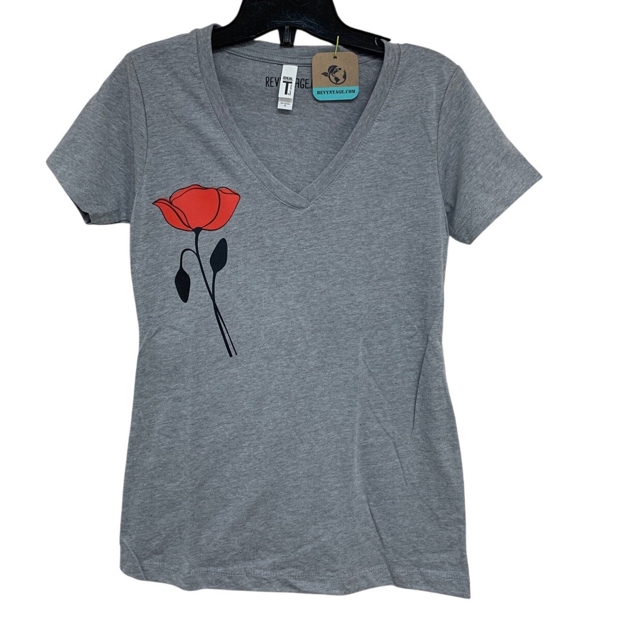 New Hand Printed Womens Small Red Poppy Flower Short Sleeve Tee Shirt