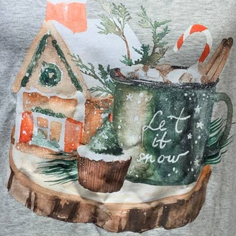 Upcycled Hand Printed Womens XL Christmas Tree Cupcake Cocoa Long Sleeve Tee