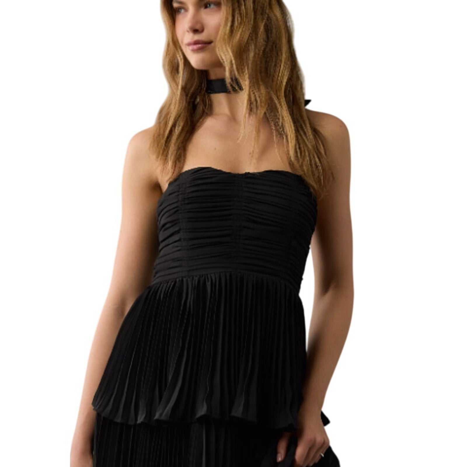 New American Eagle Womens Size Medium Black Strappy Tiered Pleated Maxi Dress