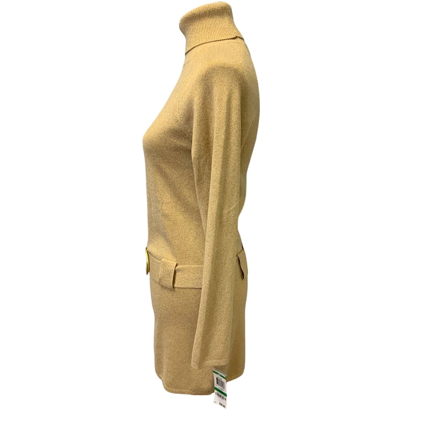 New NWT INC Large Gold Metallic Long Sleeve Turtleneck Low Belt Sweater Dress