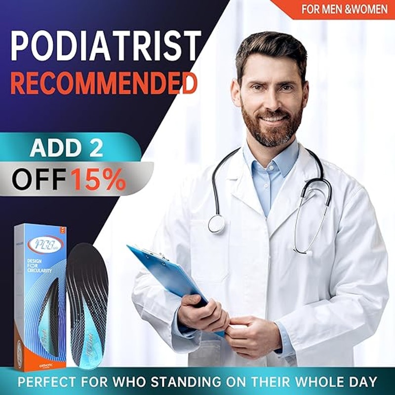 PCSsole Mens 6-6.5 220+lbs High Arch Orthotic Plantar Fasciitis Insoles