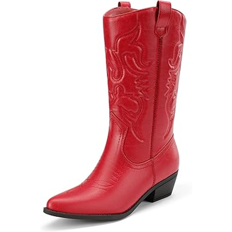 Dream Pairs Womens 8 Red Faux Leather 2" Heel Pull On Western Cowboy Boot Shoes