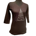 New Large Hand Pressed Merry Christmas Rhinestone 3/4 Sleeve Cotton V-Neck Tee