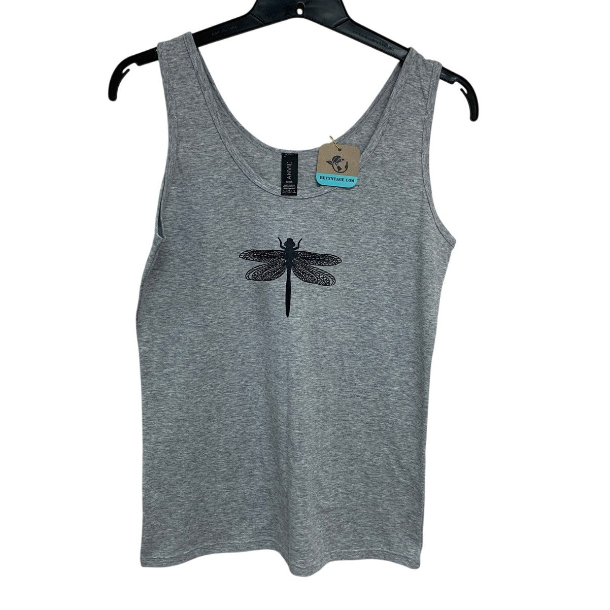New Hand Printed Womens Large Heathered Dragonfly Sleeveless Crew Neck Tank Top