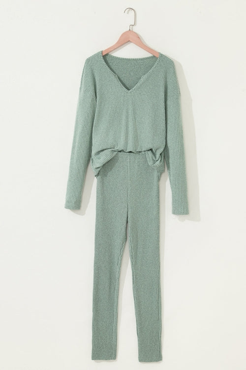 Ribbed Knit Long Sleeve Top and Leggings Set