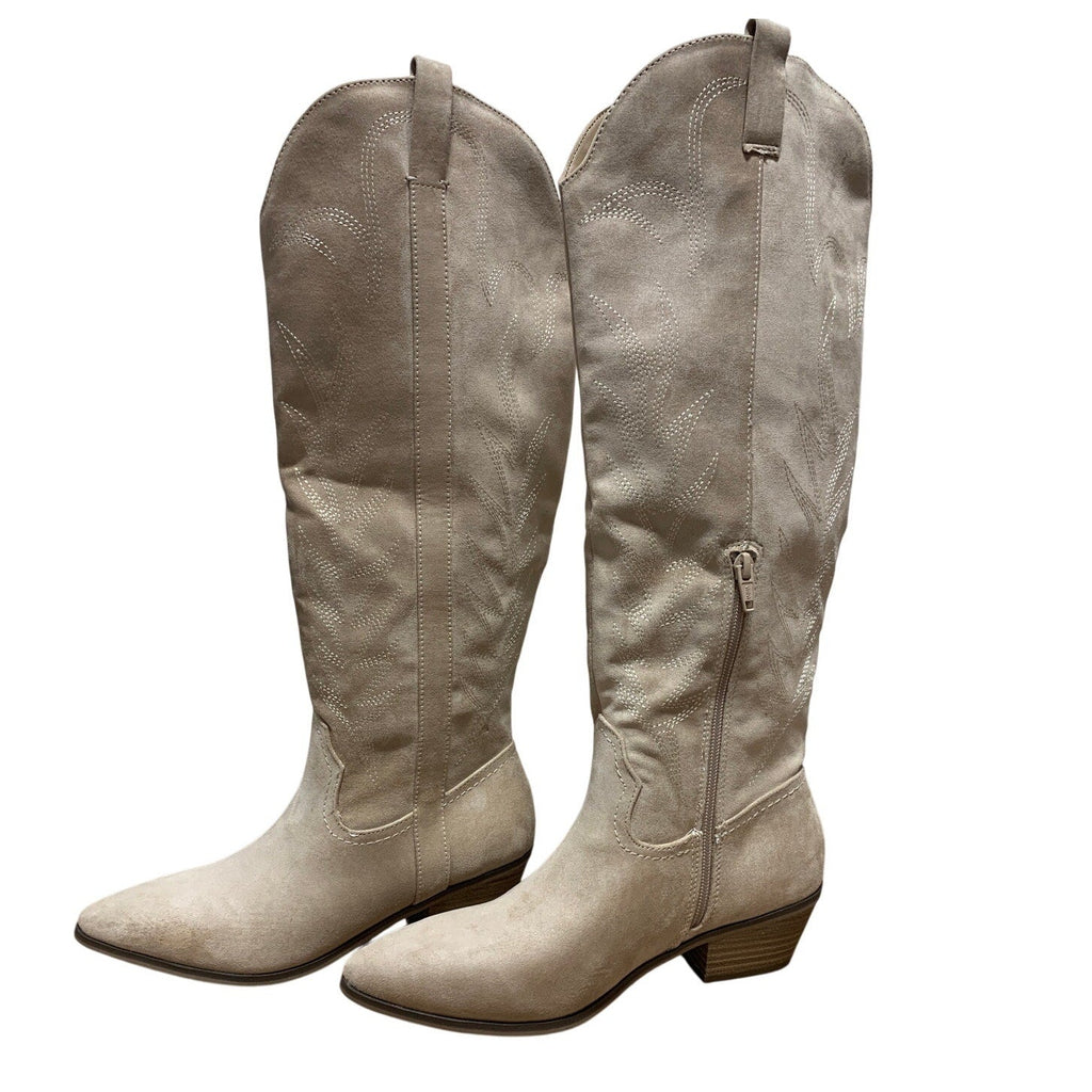 New Women Size 8.5 Tan Faux Suede Embroidered 2" Block Heel Cowboy Cowgirl Boots