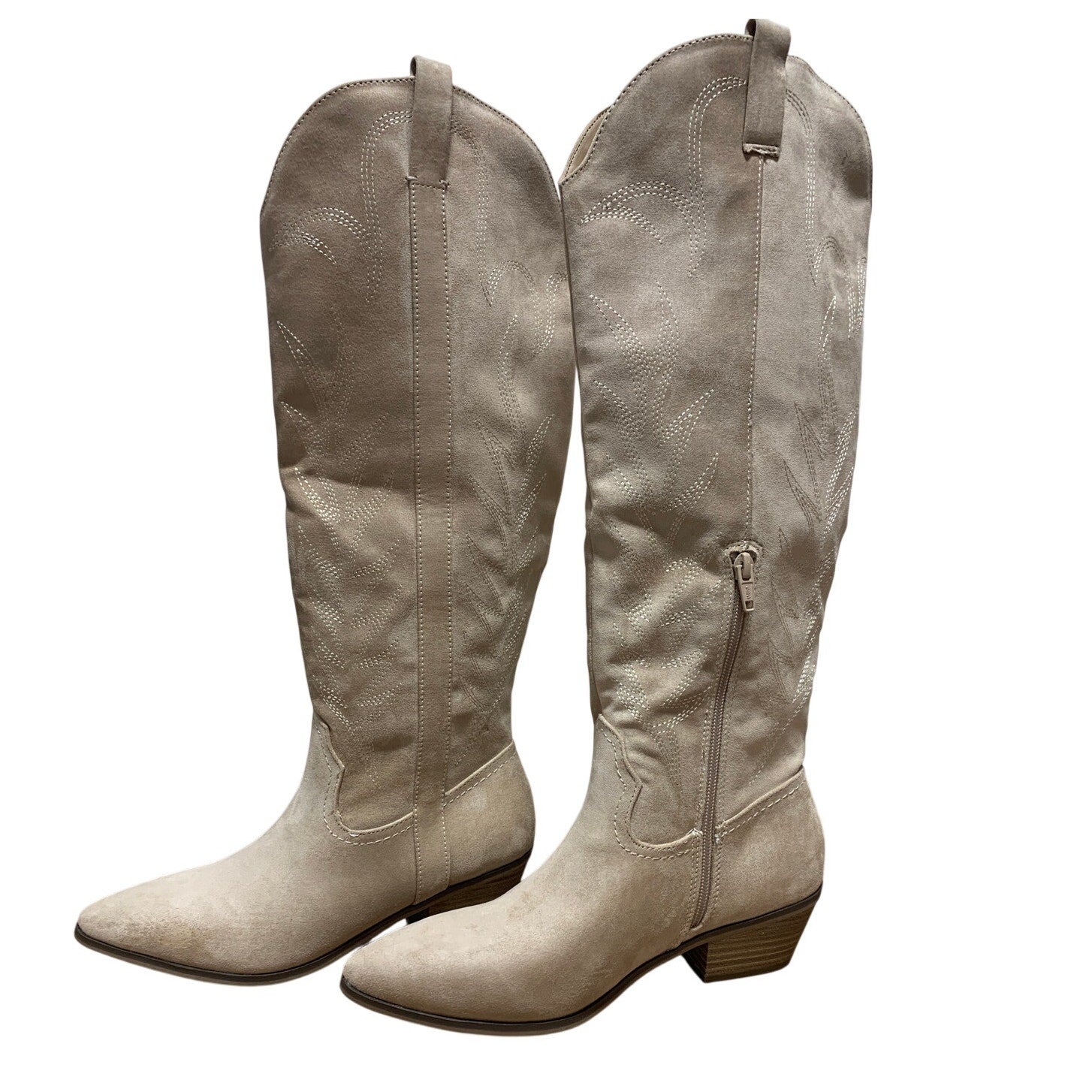 New Women Size 8.5 Tan Faux Suede Embroidered 2" Block Heel Cowboy Cowgirl Boots