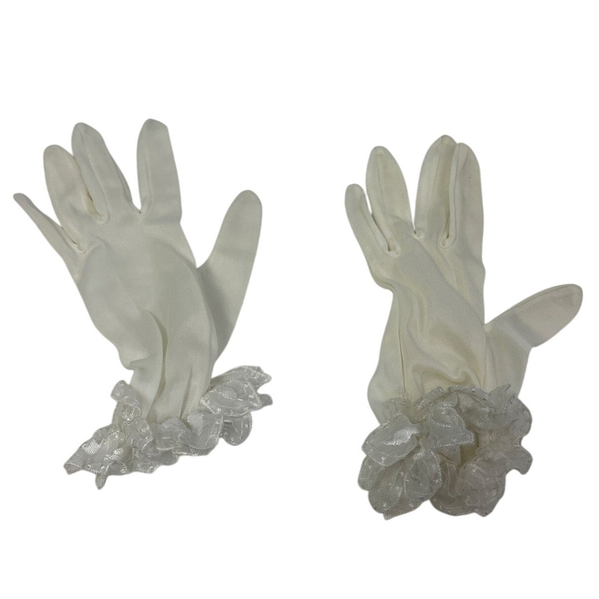 Pair of Vintage Womens Lightweight Sheer White Satin Wedding Gloves Lace Ruffles