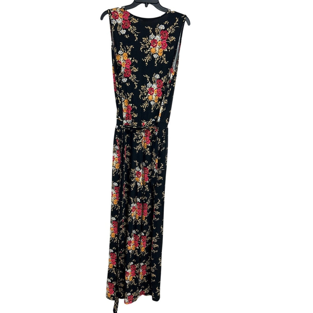 Laurie Felt Womens Medium Black Deep V Floral Sleeveless Jumpsuit w Tie Belt