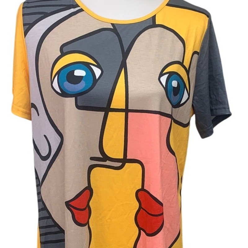 Emery Rose Womens Medium Abstract Art Faces Short Sleeve Crew Neck T Shirt Dress