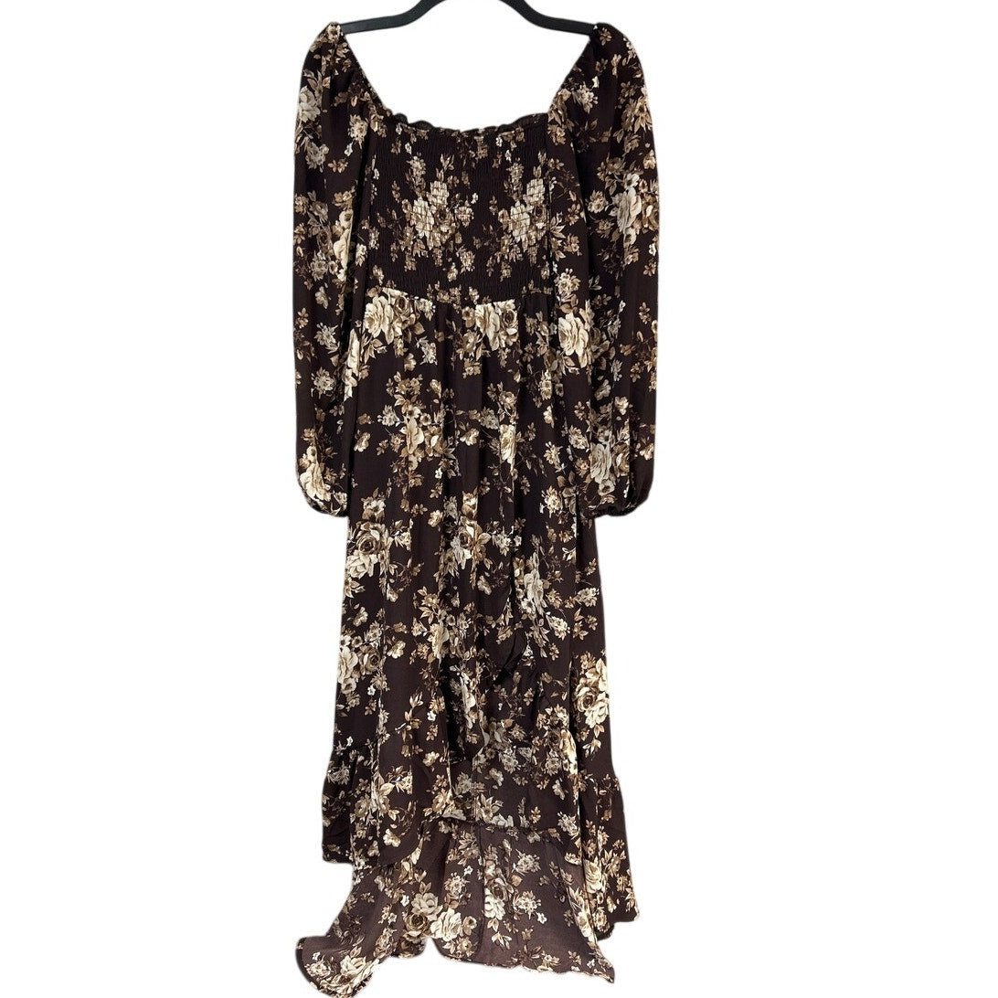 New Francescas Womens XS Brown Tan Floral Hi Low Smocked Boho Cottage Dress