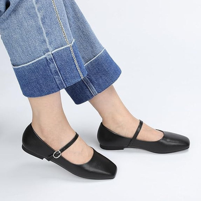 Athmile Womens Size 8.5 Black Faux Leather Mary Jane Flats Buckle Strap Shoes